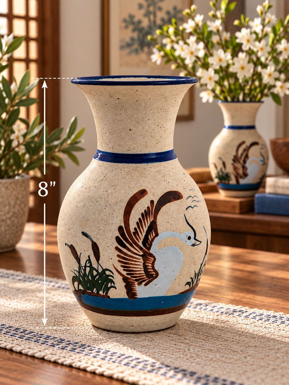 Vintage Mexican Tonala Pottery Vase Hand Painted Bird Folk Art Blue 8" Tall